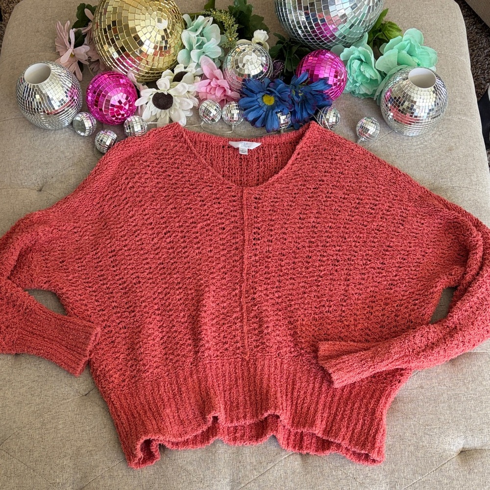 Cozy Open-Knit V-Neck Sweater - Coral